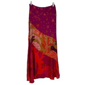 Farm Rio Purple Colorful Tropical Floral Star Print Satin Maxi Skirt Small